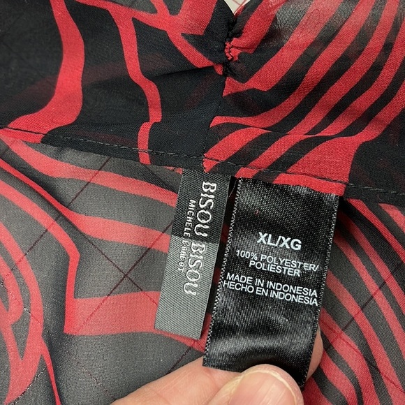 BISOU BISOU Red/Black Swirl Print Smock Waist/Cuff Bell SLV Sheer Party Top XL - Picture 11 of 14